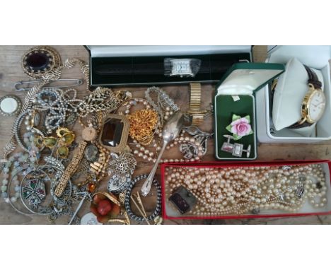 Assorted costume jewellery including a gold plated Rotary wristwatch, gold plate, Scottish etc. also including a hallmarked s
