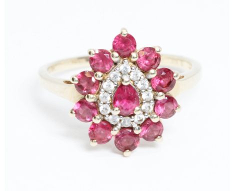 A 9ct gold ruby and colourless stone cluster ring, gross weight 2g, size L.  Condition - good, minor wear.