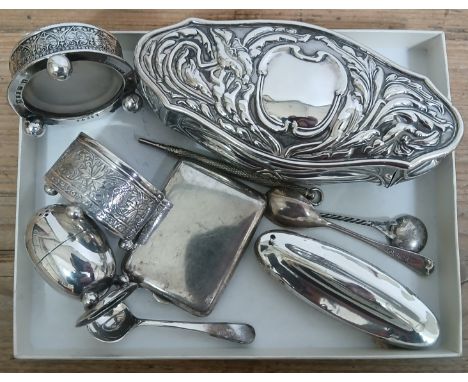 A tray of assorted hallmarked silver and silver plated items including an Art Nouveau style trinket box, Elkington, a Christo