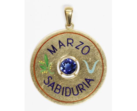 A Spanish pendant, circular form bezel set with a central round mixed cut sapphire weighing approximately 1.39cts, enamel dec