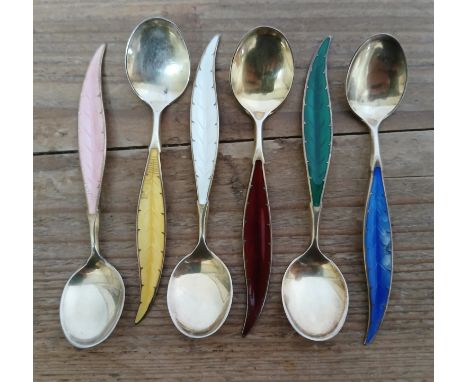 A set of six Norwegian guilloche enamelled silver spoons by Ottar Hval.Condition:- Light general wear throughout, damage to e