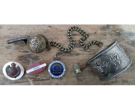A Victorian GPO General Post Office button whistle and other collectables including a Wigan FC enamel badge, an Inspector of 