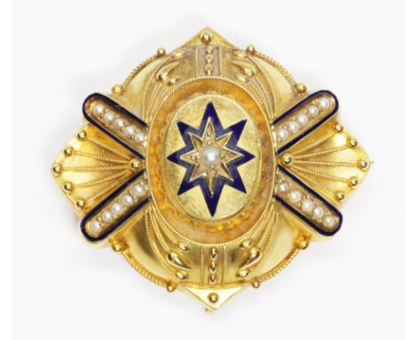 A Victorian Etruscan style split pearl and blue enamel brooch,  yellow metal unmarked, length 46mm, gross weight 13.9g.  Cond