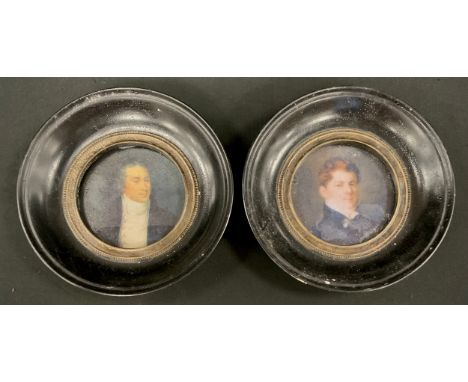 A pair of reproduction portrait miniatures, circular ebonised wooden frames, 15cm dia overall (2) 
