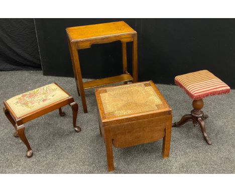 An early 19th century oak rush seated box commode, 48cm x 48cm x 43cm;  Victorian carved stool, square seat, turned column, t