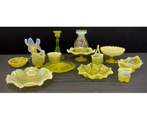 A Victorian Uranium Vaseline glass posy vase,  footed comport, bowls, baskets, candlestick, strawberry set etc. 