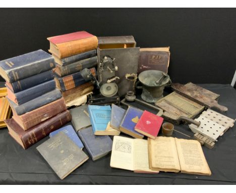 Scientific objects - Pharmaceutical interest including; pestle and mortar, wood and brass pill rolling machine, other pill ma