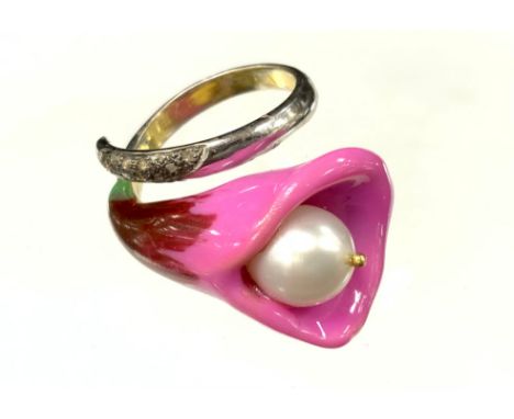 An unusual diamond and cultured pearl enamel flowerhead ring, tapering pink and red flowerhead crest with white cultured pear