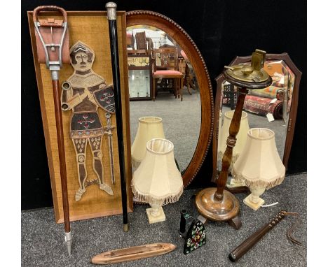 Boxes and objects - a Hornsea ceramic work of knight, pair of marble lamps, smokers stand, shooting stick, truncheon, mirrors