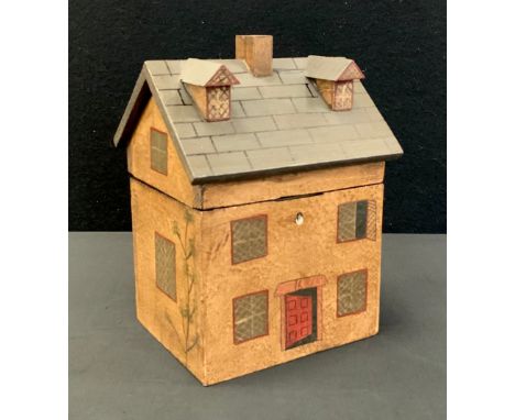 A reproduction Novelty tea caddy as a wooden house, hinged lid and key, 24cm high 