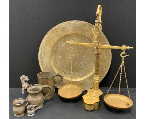 Metal ware - silver plate including; a three piece plated tea set, other plated wares, brass Chinese hammered charger, a set 