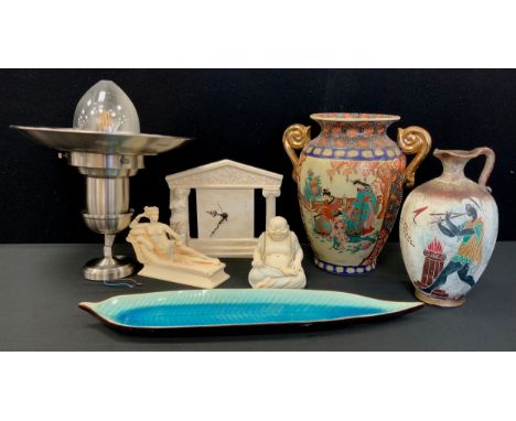 A fisherman's ceiling light, clear glass bulb, polished stainless steel fittings;  Japanese twin handled vase;  Greek ewer, l