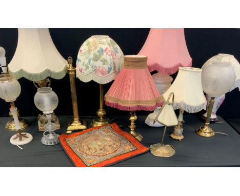 Various lamps including a pair of gilt metal lamps, ball on base lamps, 41cm high , a art nouveau style three petal shade lam