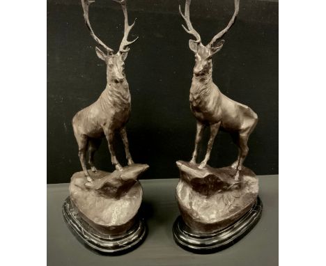 Jules Moigniez (28 May 1835 – 29 May 1894)  after, a pair of spelter model stags, on marble plinths, 73cm high (2) 