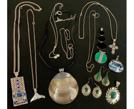 Jewellery - a malachite silver mounted two panel pendant,  another sunburst pendant and pair of earrings,  lapis lazuli silve