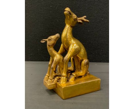 A gilt bronzed metal Chinese model double deer seal, 19cm high 