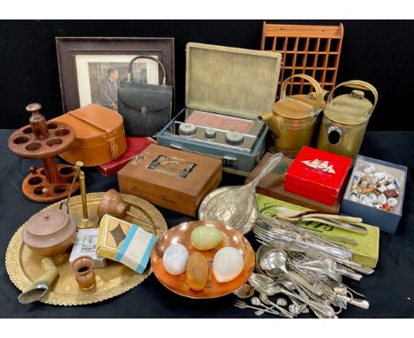 Boxes and objects - 1950’s radio, brass watering can, copper lidded caddy, cigar boxes, playing cards, thimbles including sil