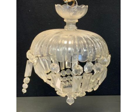 A cut glass multi droplet ceiling light chandelier, circular body, 25cm dimeter, 36cm drop 