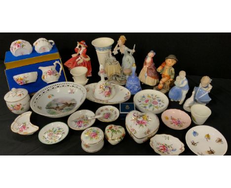 Royal Crown Derby ‘Derby Posies’ including two milk jugs, two sugar bowls, lidded pots, trinket trays, Royal Doulton figures;