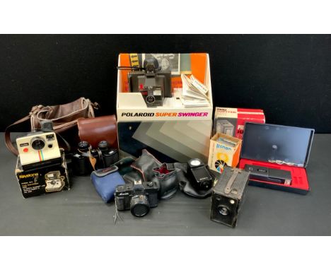 Cameras and Equipment - Polaroid Super Swinger set, Polaroid Keystone Model 610, Prinz Jupiter 372 Electronic flash unit; etc