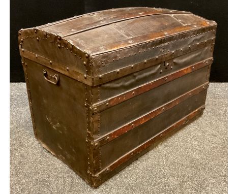 A Victorian leather-bound pine dome-top steamer or travel trunk, 63cm high x 85cm x 50cm. 