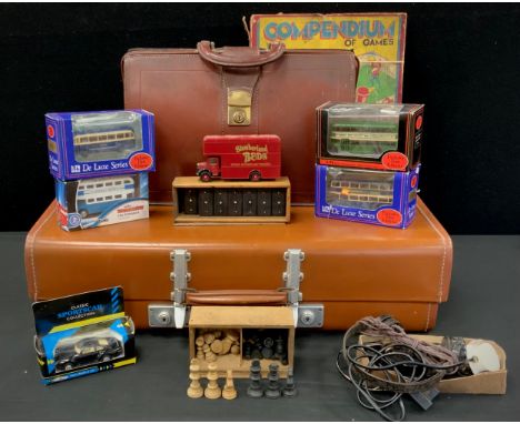 Toys &amp; Games - turned wooden chess set, King cm high;  dominoes, bagatelle game with metal balls, EFE model vehicles, lea