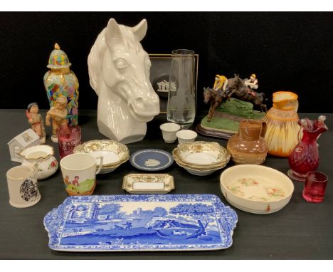 Ceramics &amp; Glass - Blanc de Chine Horse head, Horse Racing over the Jumps, Copeland Spode Italian sandwich platter, Wedgw