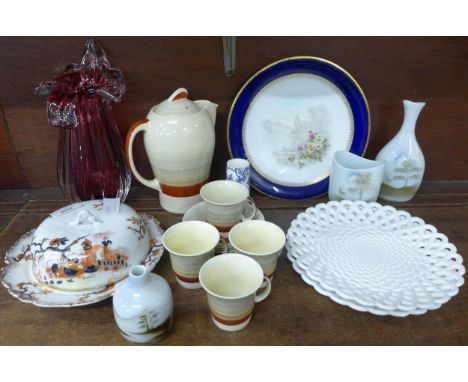 A Czech studio art glass vase, a muffin dish, a Susie Cooper tea pot, a/f, and four cups and saucers, three Highbank porcelai
