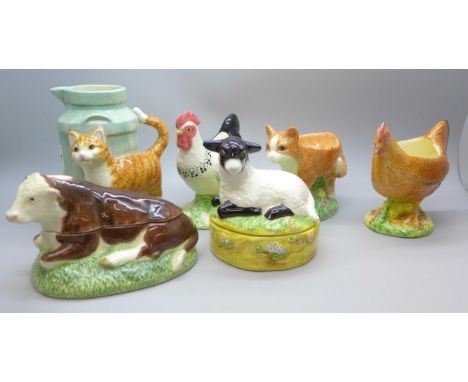 Six Border Fine Arts James Herriot Country Kitchen items; a bull horseradish pot with spoon, a lamb mint sauce pot and spoon,