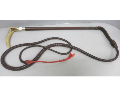 A Swaine hunting whip, lash and thong with stag antler handle