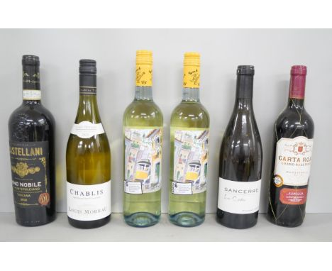 Six bottles of wine to include Carta Roja Grand Reservada, Sancerre Les Cotes, Chablis Louis Moreau, Castellani Vino Nobile D