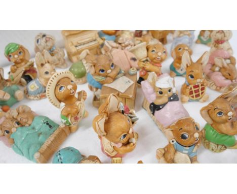 Large collection of Pendelfin rabbit figures examples including Crocker, Birdie, Barrow Boy, Boswell, Casanova, Dandy and man