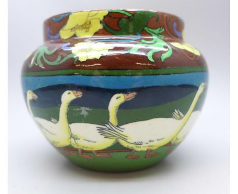 A circa. 1900 Foley ‘Intarsio’ pot decorated with a band of geese and floral motif to rim. Marked to base no. 3235, and Rd No