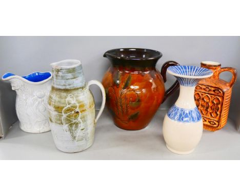 Five glazed pottery vases/jugs including one Price Kensington 