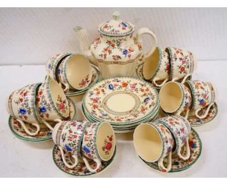 Various tea sets including Spode Copeland Royal Jasmine teacups and coffee cups with teapot, Royal Crown Derby Bali trio set,