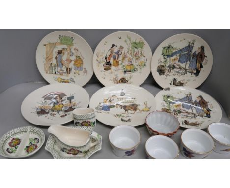 A collection of seven Sarreguemines French plates, (one a/f), Mason's Paynsley pattern items, a Wedgwood Jasperware dish, a p