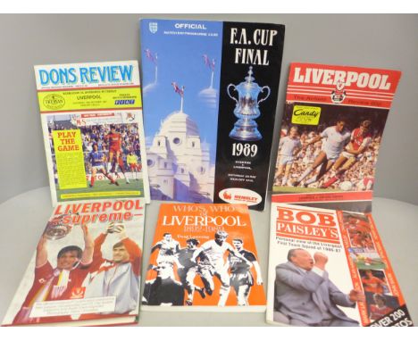 Three Liverpool football programmes and three Liverpool football books, Liverpool Supreme, Who's Who of Liverpool 1892-1989 a