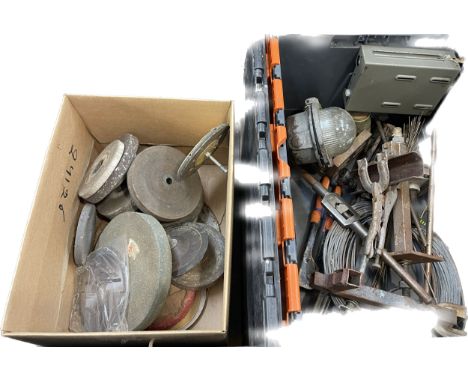 Large selection of assorted tools includes sanding discs, light etc 