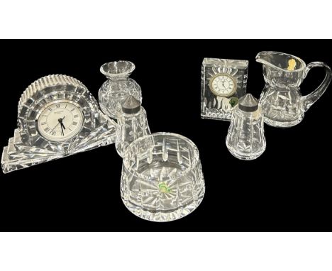 Selection Waterford crystal glass pieces to include 3 mantel clocks, salt and pepper set, small jug, bowl etc