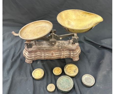 Set of vintage brass scales and weights 
