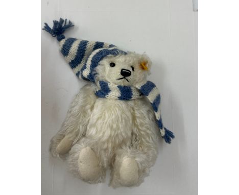 Steiff teddy bear in original box and tag, Winter with hat and scarf, 18cm tall