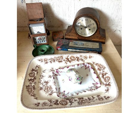 Selection of collectables to include a Tunstall meat plate, PO meter, 2 keyhole mantel clock with key and pendulum, 2 vintage