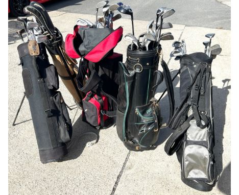 Selection of 5 golf bags with various golf clubs to include  Dunlop, Pro Shot, Williams etc