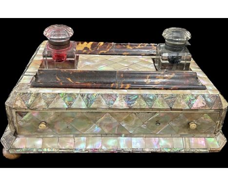 Large antique Georgian tortoiseshell and mother of pearl deskstand, ink stand for restoration (Spares in drawer) 