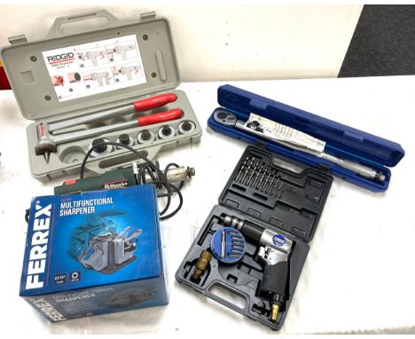 Selection of tools to include Multi functional sharpener, Ridgid tool expander model X, Heat gun, Draper wrench 3001A etc, al