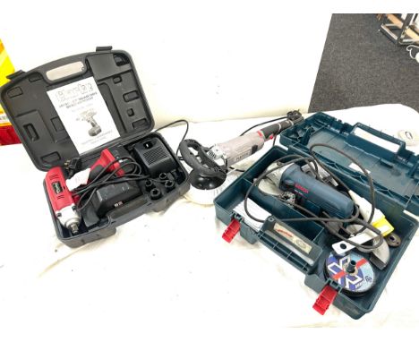Selection of power tools to include Bosch GWS 8050C professional grinder, Clarke 24v DC sqaure drive impact wrench kit model 