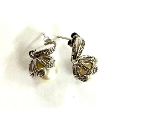 Pair of ladies silver diamond and pearl drop earrings 