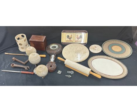 Selection of collectable items includes barometer, rolling pin, Denby trays etc 