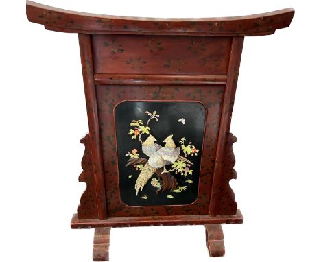 Japanese lacquer and Shibayama Meiji firescreen of traditional gate form, approximate height 87cm