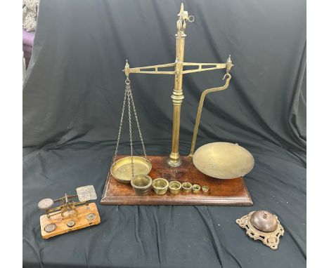 2 Sets of vintage brass scales includes post office scales and weights and a vintage shop counter top bell